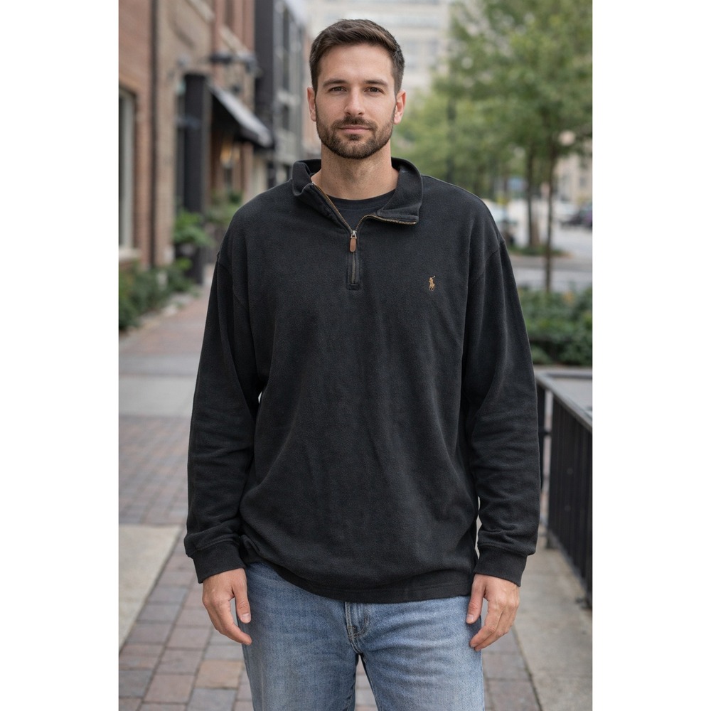 Polo Ralph Lauren Polo Mens Sz 3XB Big Estate Rib 1/4 Zip Pullover Black Cotton